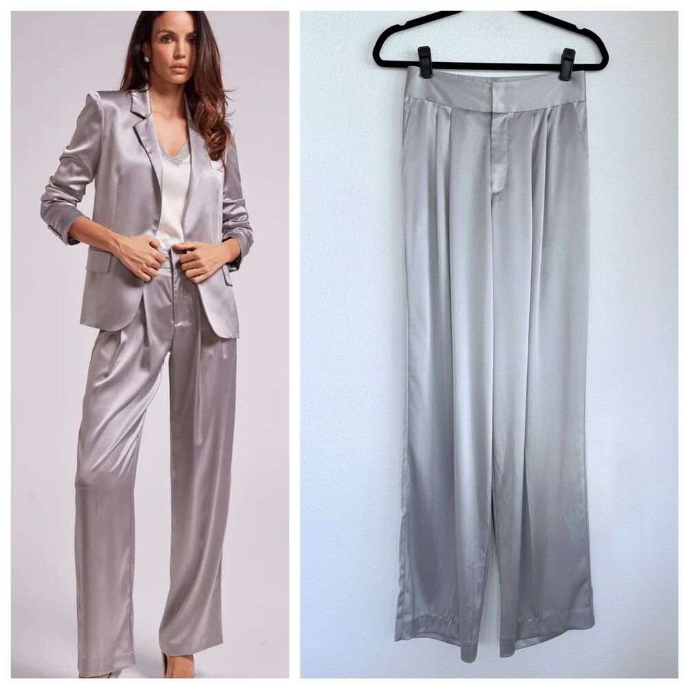 NWOT Generation Love Keaton Satin High Waisted Trouser Pants in Platinum Gray 2
